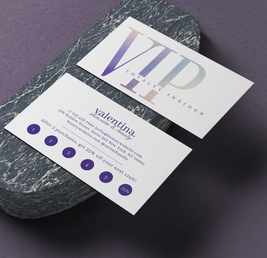 Loyalty cards are a proven strategy to build customer loyalty and increase retention rates. In the beauty industry, these cards can reward repeat purchases, referrals, or other actions, offering exclusive discounts or free services to incentivize customers to choose your brand.
