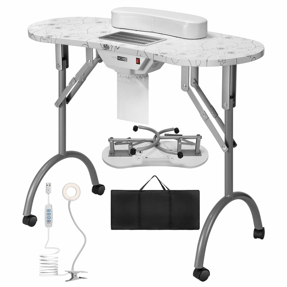 A great portable nail table-Portable Manicure Nail Table on Wheels with Built-in Dust Collector, Updated USB-Plug LED Table Lamp, Carry Bag for Home Spa Beauty Salon Workstation, White