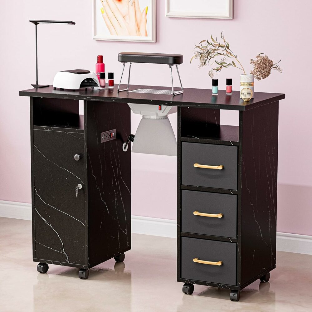 Check out this great manicure nail desk- Belandi Manicure Table Nail Station with Charging Station, Marbling Texture Nail Tech Table Nail Table Station w/Dust Collector, Power Outlets, Non-Woven Drawers, Bendable Lamp & Wrist Cushion(Black)