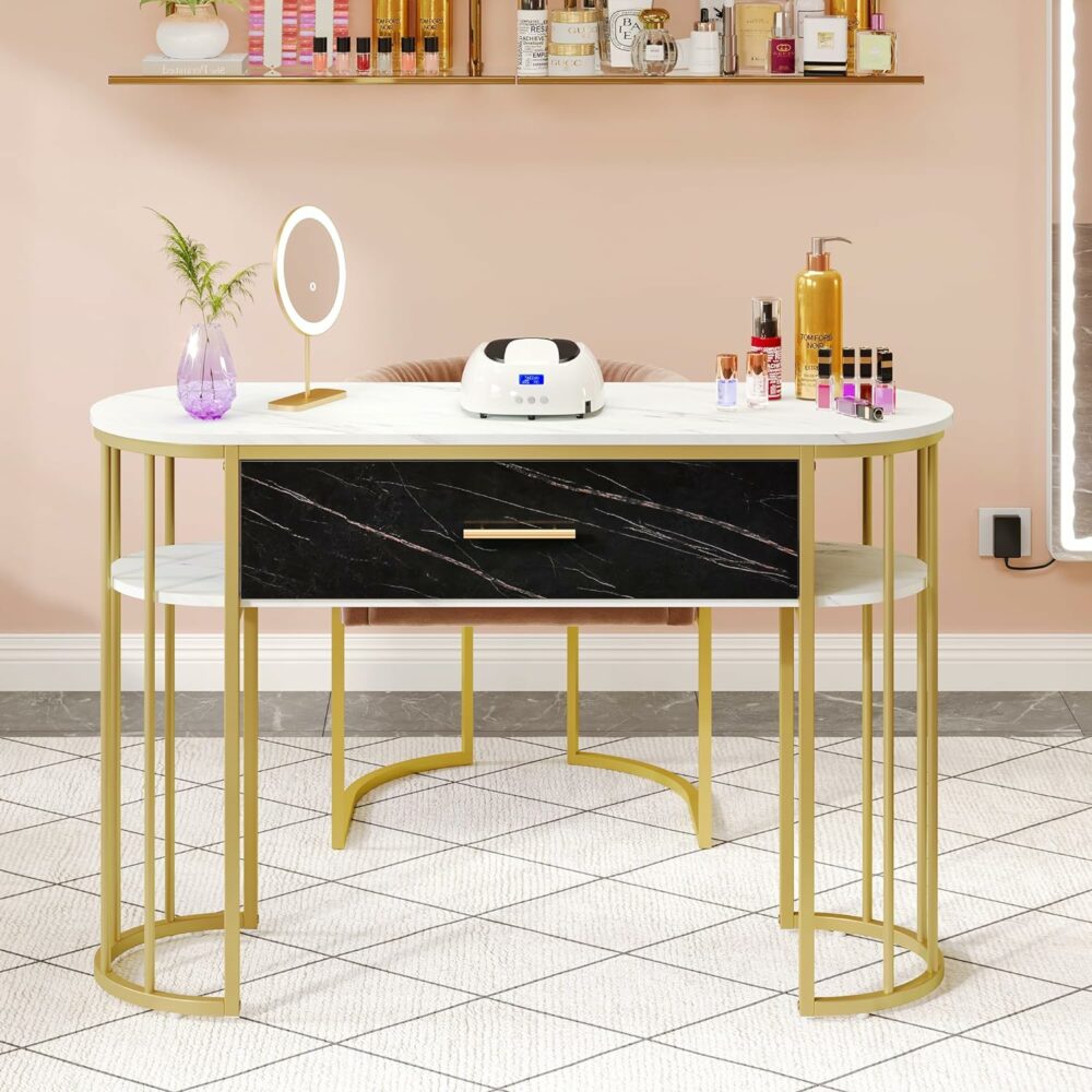 A beautifully designed nail desk- DWVO Manicure Table, Marbling Texture Nail Desk for Nail Tech, Acetone Resistant Manicure Desk with Drawer, Nail Salon Desk for Home Spa (Black)