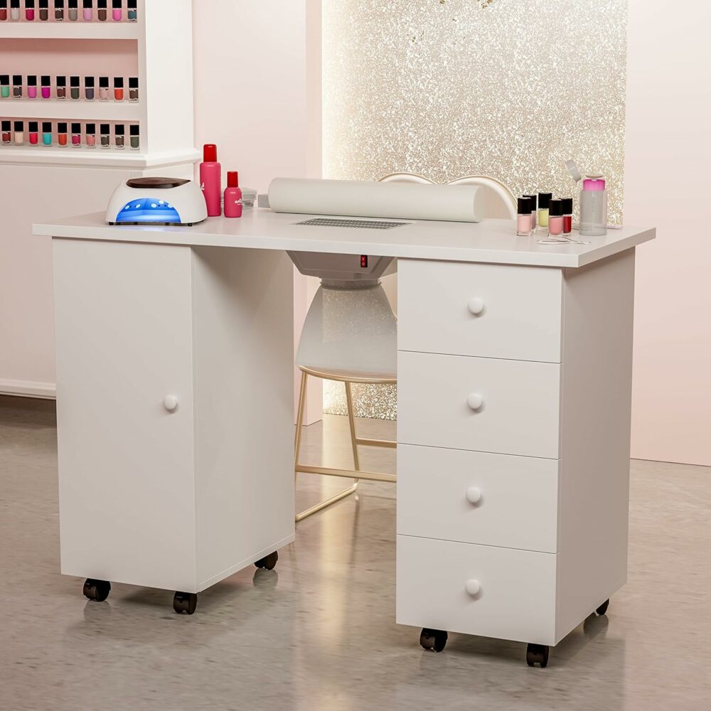 Check out this best selling Paddie Manicure Table Nail Station, Nail Desk Workstation Nail Art Equipment w/Electric Downdraft Vent, Wrist Cushion, Lockable Wheels, Storage Cabinet & Drawers (White)