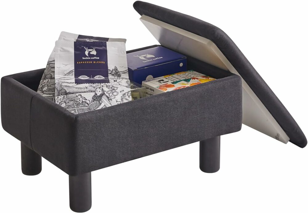 Storage Ottoman Footrest Stool with Linen Fabric, Rectangular, Flip Top Lid, Non-Slip Feet, Compact Design, Stylish and Functional